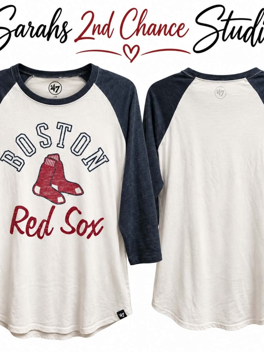 '47 Boston Red Sox Raglan Tee in White and Navy with Red Logo